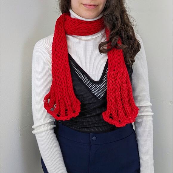 Handmade Knitted Ribbed  Red Scarf - Picture 2 of 4